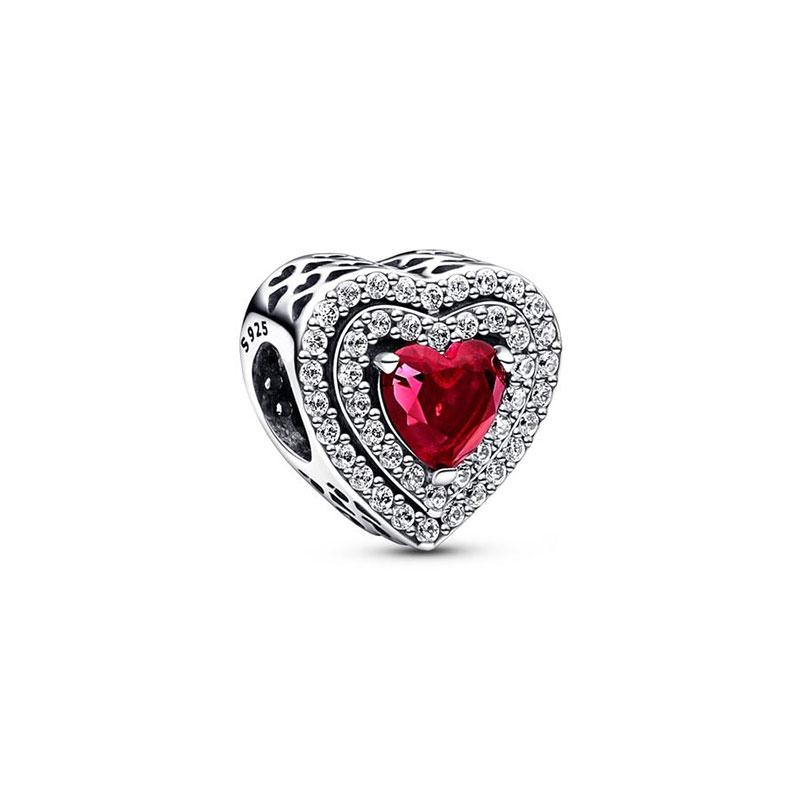 New 925 Silver Charm Sparkling Red Heart Halo Bead Fit Red Heart Necklace For Women G Ift Fine Jewelry Diy