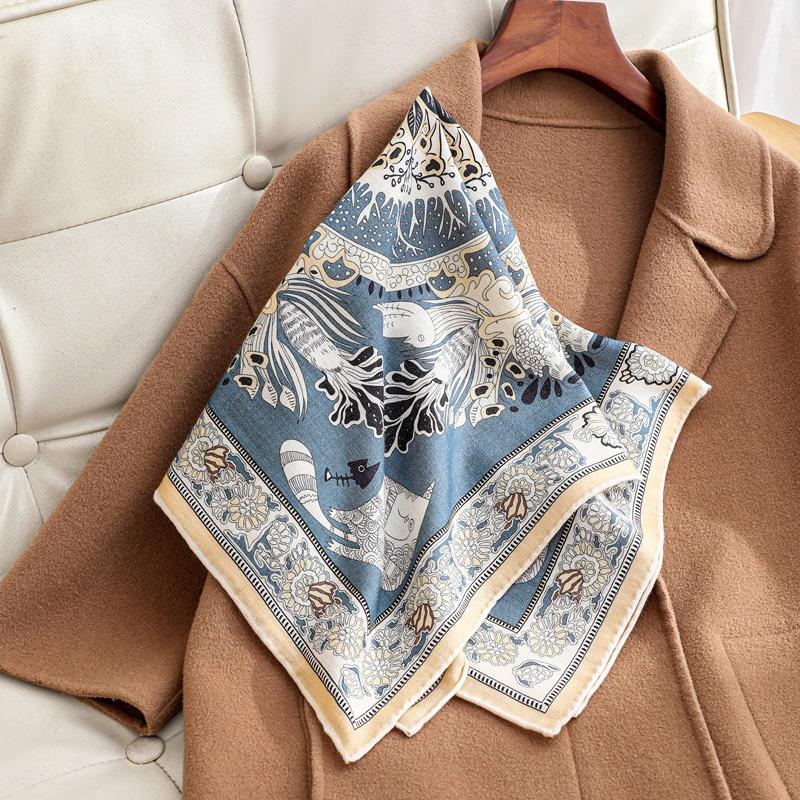 Spring and Autumn New Herringbone Square Scarf Fashion Versatile Silk Wool Shawl Women's Premium Light Luxury Silk Hair Scarf
