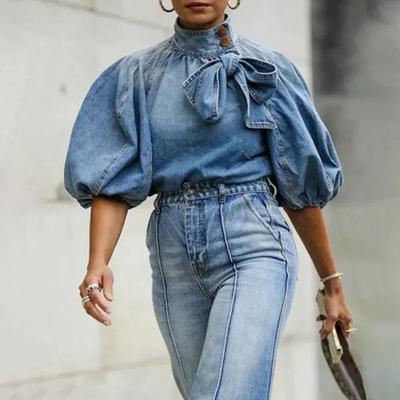 Frühling Sommer Leicht Locker Damen Jeanshemd Schmetterlingsknoten Elegant Puffärmel Halbochkragen Lässig Chic Pullover Tops