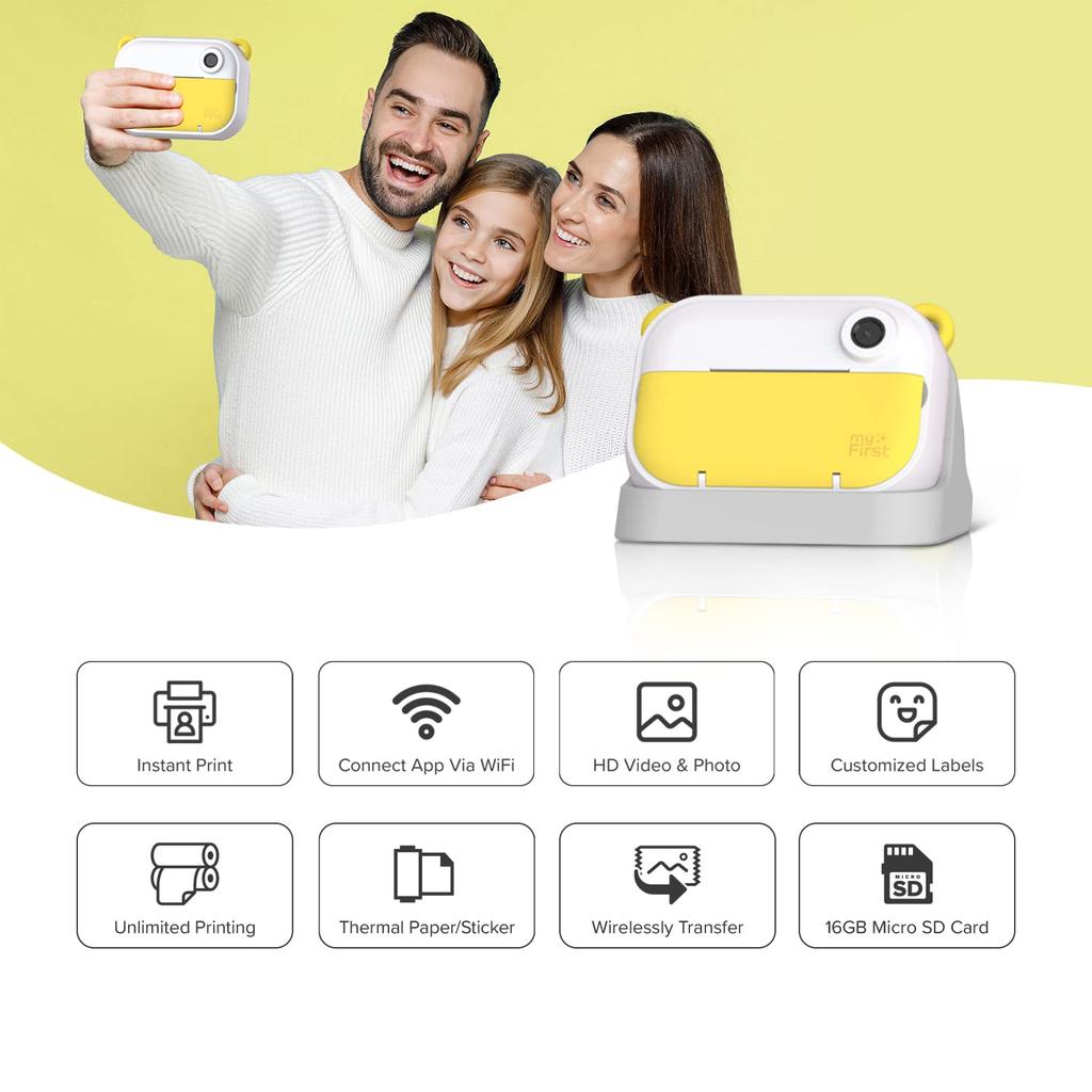 MyFirst Camera Insta Wi Instaway digitaler Fotoetikettendrucker für zu Hause Bildbearbeitung mit dedizierter App Inkless Yellow 3-in-1-Kamera, Drucker,