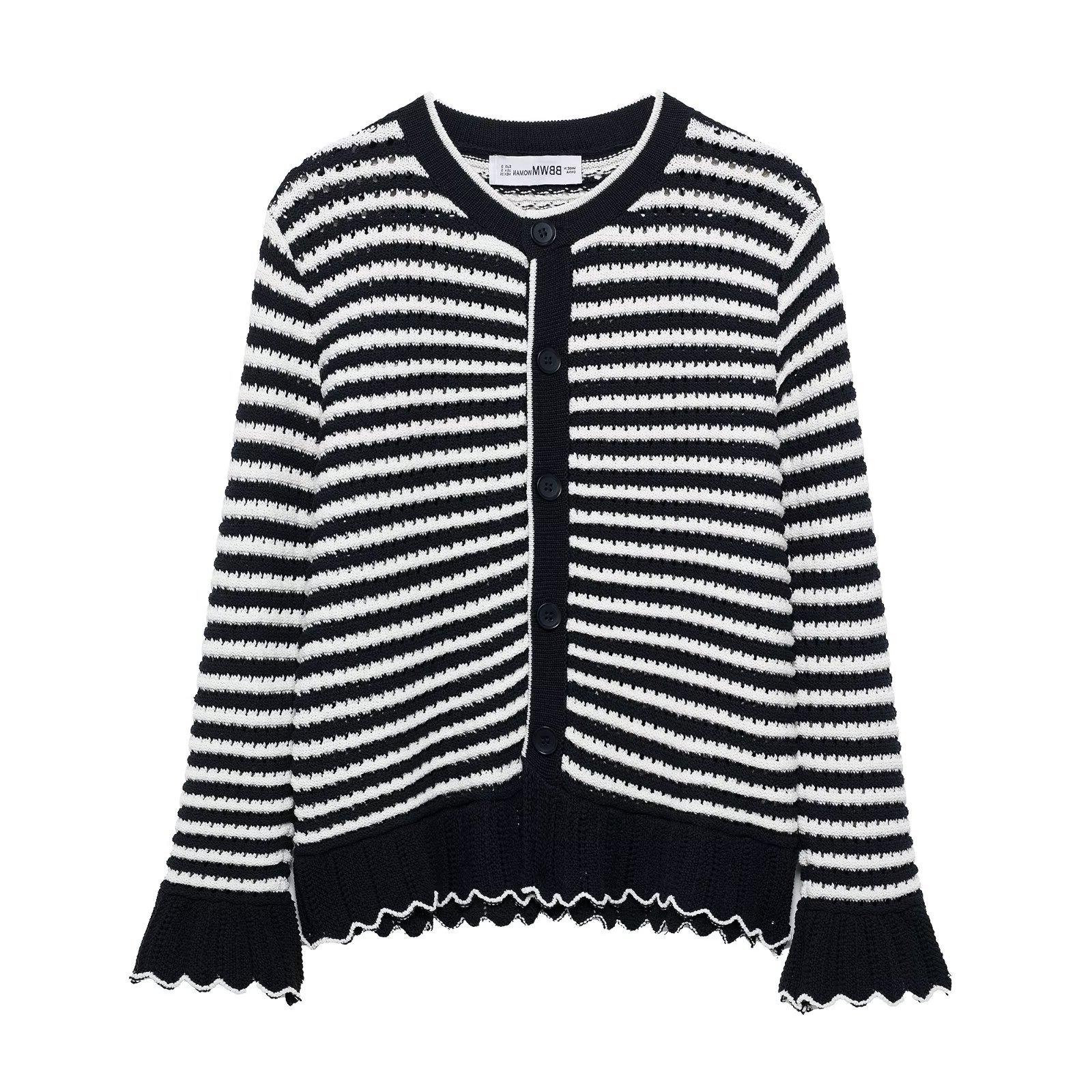 

TAOP&ZA Spring Women s Fashion Wavy Edge Striped Round Neck Knitted Cardigan Small