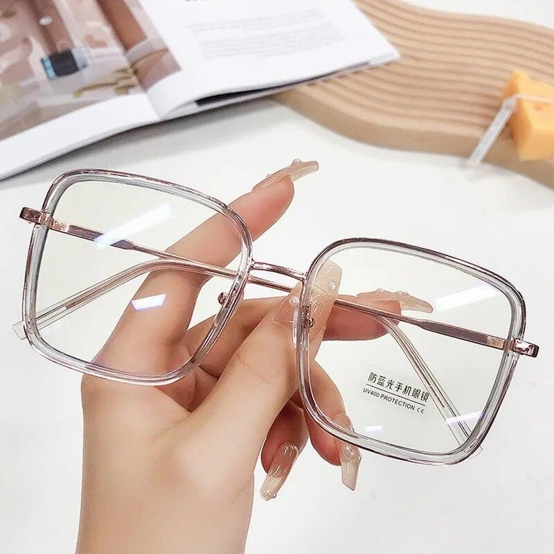 Fashion Anti Blue Light Glasses Large Square Metal Transparent Frame Women Computer Gaming Eye Protection Plain Spectacles