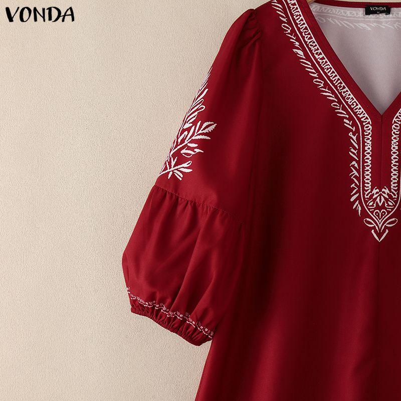 VONDA S-5XL Summer Women V Neck 3/4 Sleeve Print Elegnat Casual Loose Dress