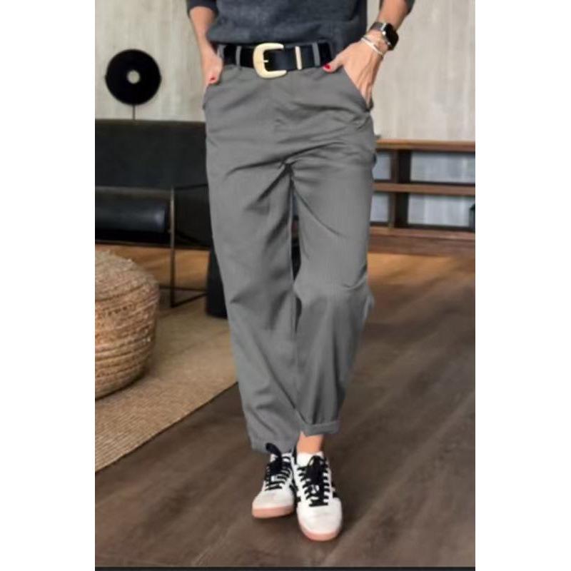 

2025 Женские универсальные повседневные брюки прямого кроя с высокой посадкой в западном стиле 2XL серый