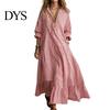 Maxi Shirt Dress Women Striped Long Sleeve Dress, V-Neck Collar Casual for Summer Autumn, Breathable Loose Fit Retro