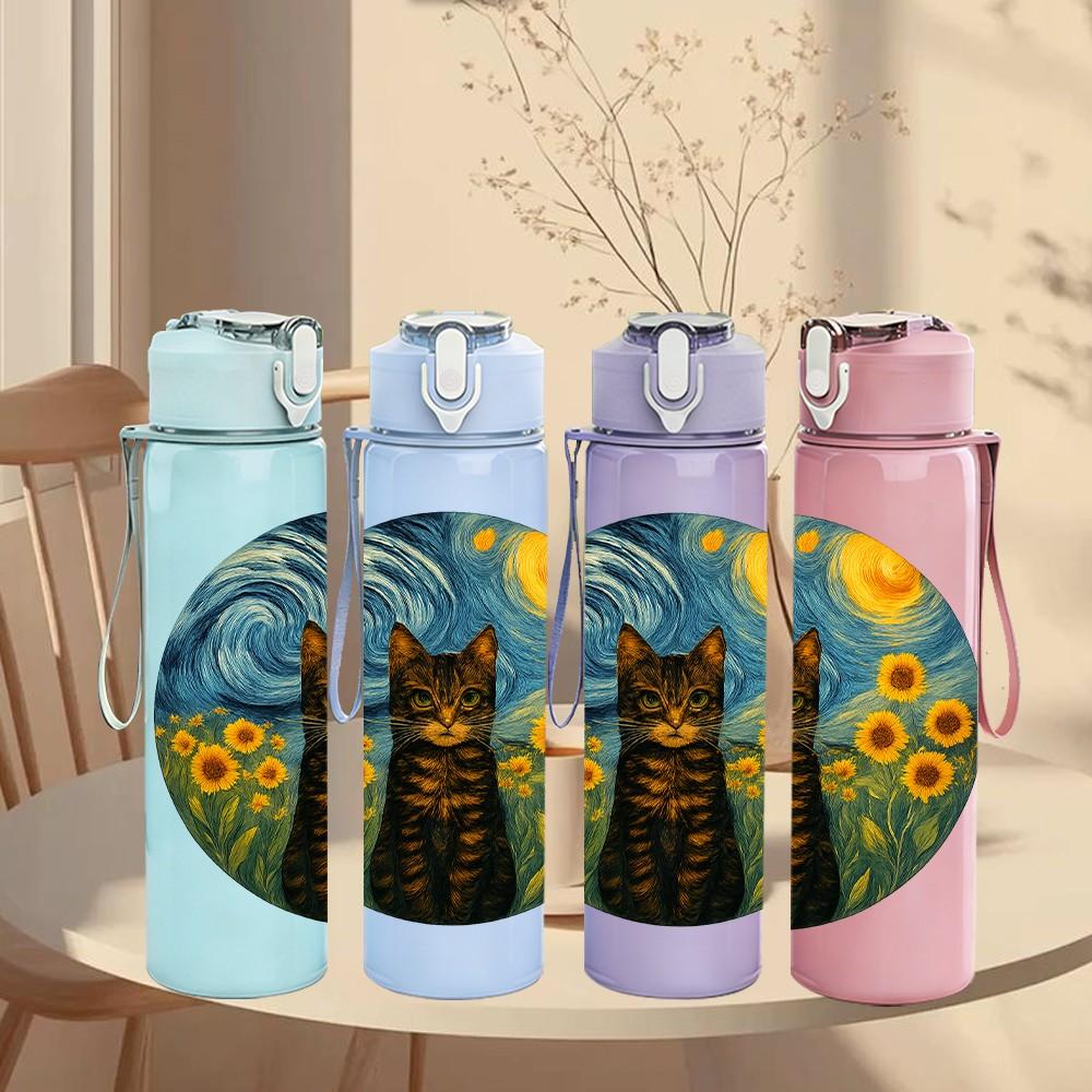 1PC Sunflower Cat Van Gogh Art 750ml Color Plastic Sports Water Bottle Leakproof Flip Straw Lid Suitable for Sports Office Home Use