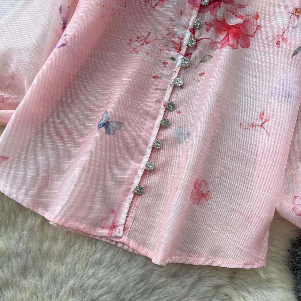 Summer Holiday Organza Gorgeous Flower 2 Piece Set Women Long Lantern Sleeve Shirt Blouse and Elastic Waist A Line Skirt Suit
