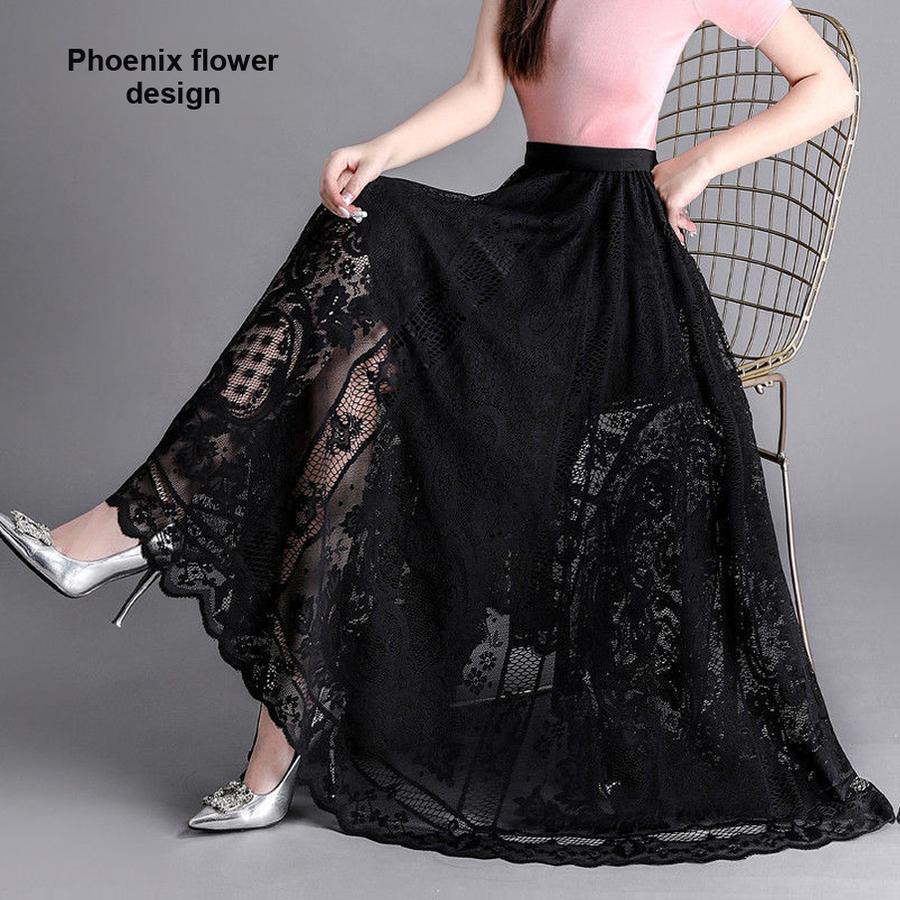 Trendy Lace Trim Long Maxi Skirt, Slimming Effect Mesh Fairy Ruffles Dress
