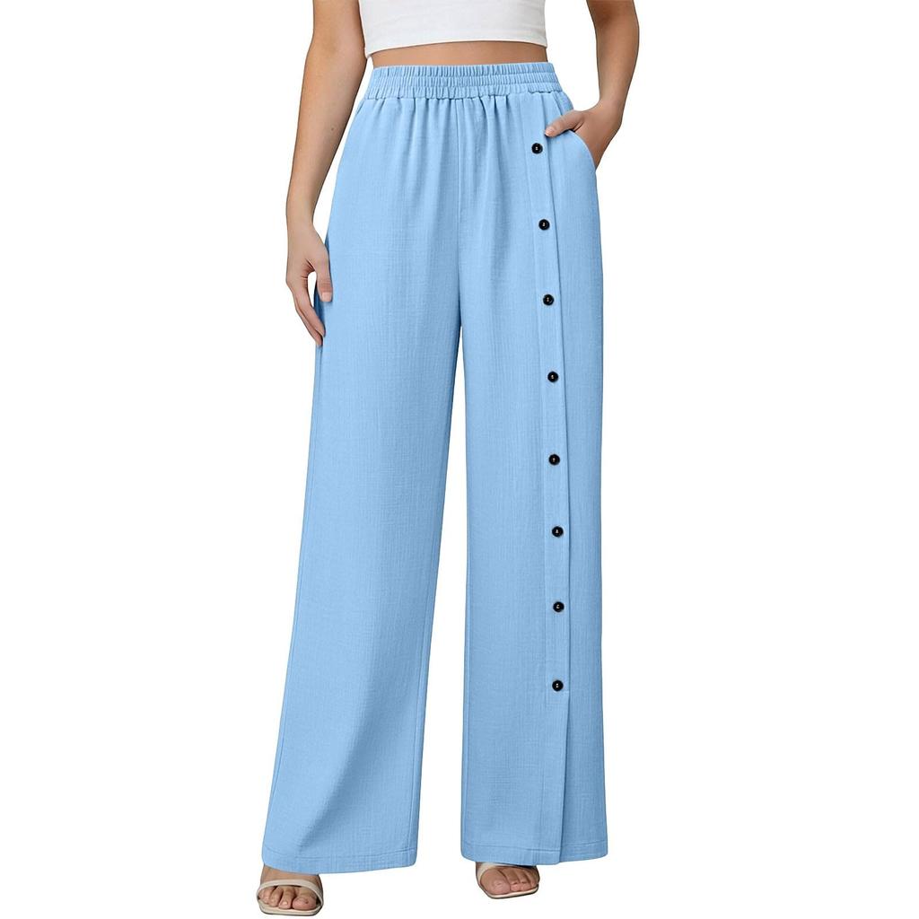Women's Fashionable Color Button Elastic Waist Straight Tube High Waist Pocket Cotton Linen Casual Pants