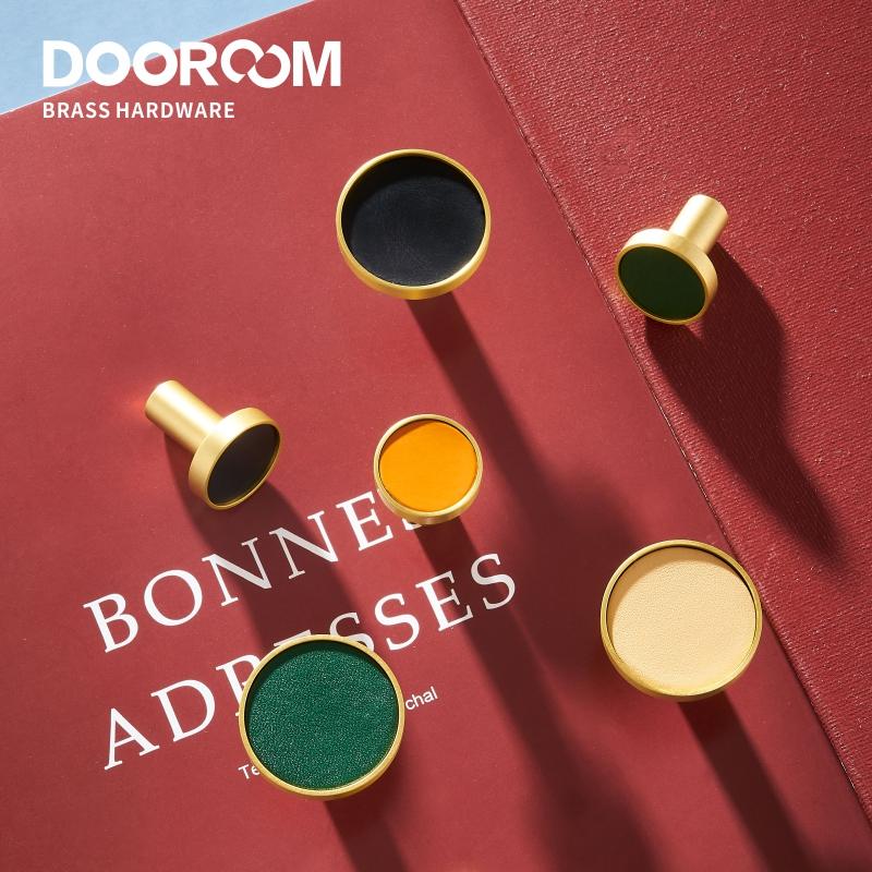 Dooroom Brass Leather Furniture Handles Light Luxury Round Pulls Cupboard Wardrobe Dresser Shoe Box Drawer Cabinet Knobs 