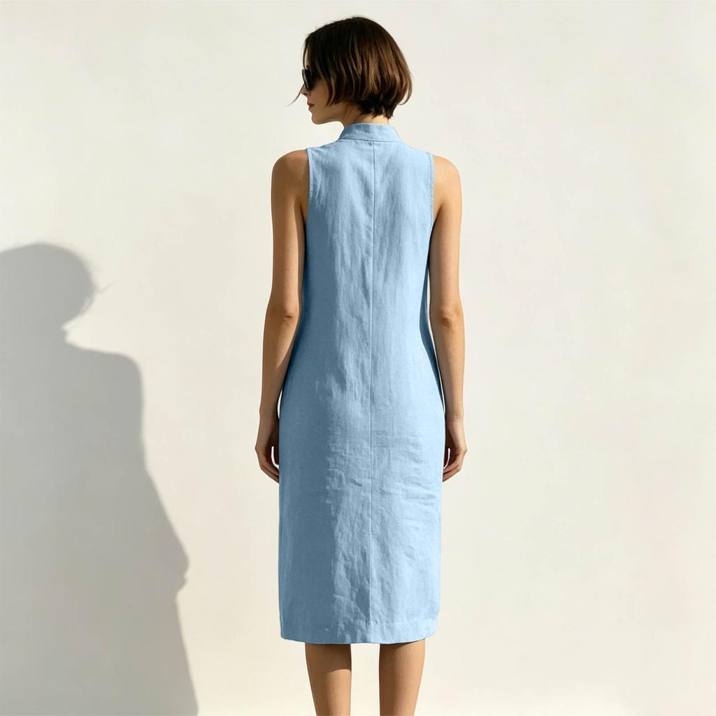 Sleeveless Loose Fit Summer Dress Midi Length Button Front Stand Collar Casual Lightweight Dress for Women
