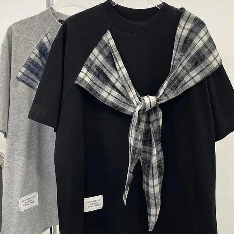 Checker Splicing Short Sleeve T-shirt for Women Loose Cotton Round Neck T-shirts Korean Style Lady's Summer Pullover Tee