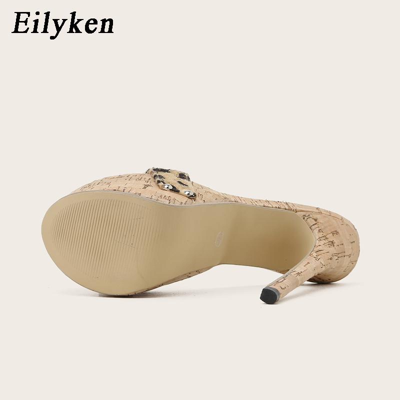 Moda Eilyken 2025 Nuevas Zapatillas de Verano Leopardo Damas Moda Peep Toe Slip On Plataforma Sandalias Mules Tacones Altos 17CM Zapatos Talla 35-42