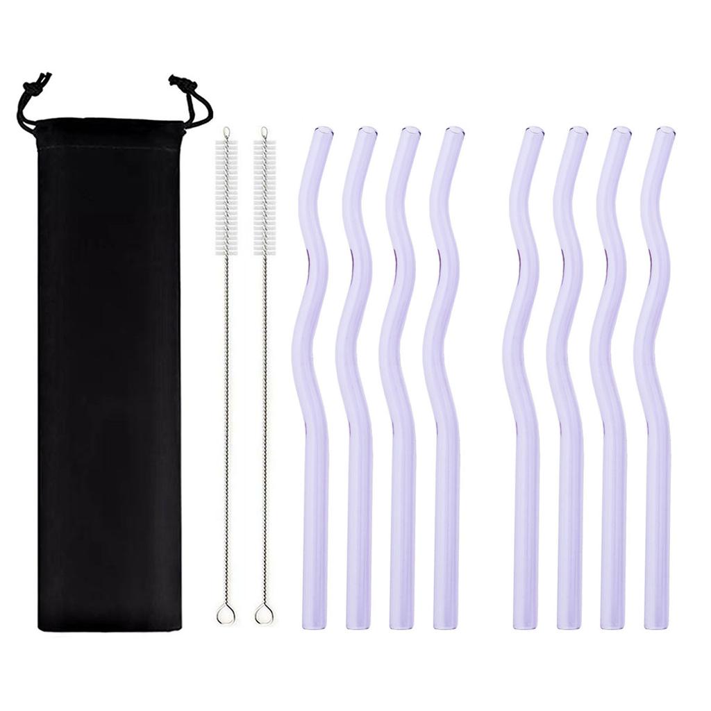 Wavy Glass Straws 11pcs Multicolor Reusable Glass Drinking Straws with Black Pouch for Drinking Beverages Coffee Milk Tea
