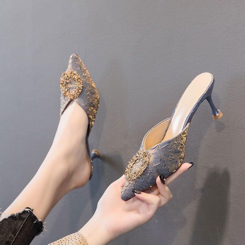 Fashion Women's Mules Slippers and Ladies Sandals Sexy Heeled Rhenstone Shoes Summer Sale Clappers Unique Non Slip Casual Pvc on Slides