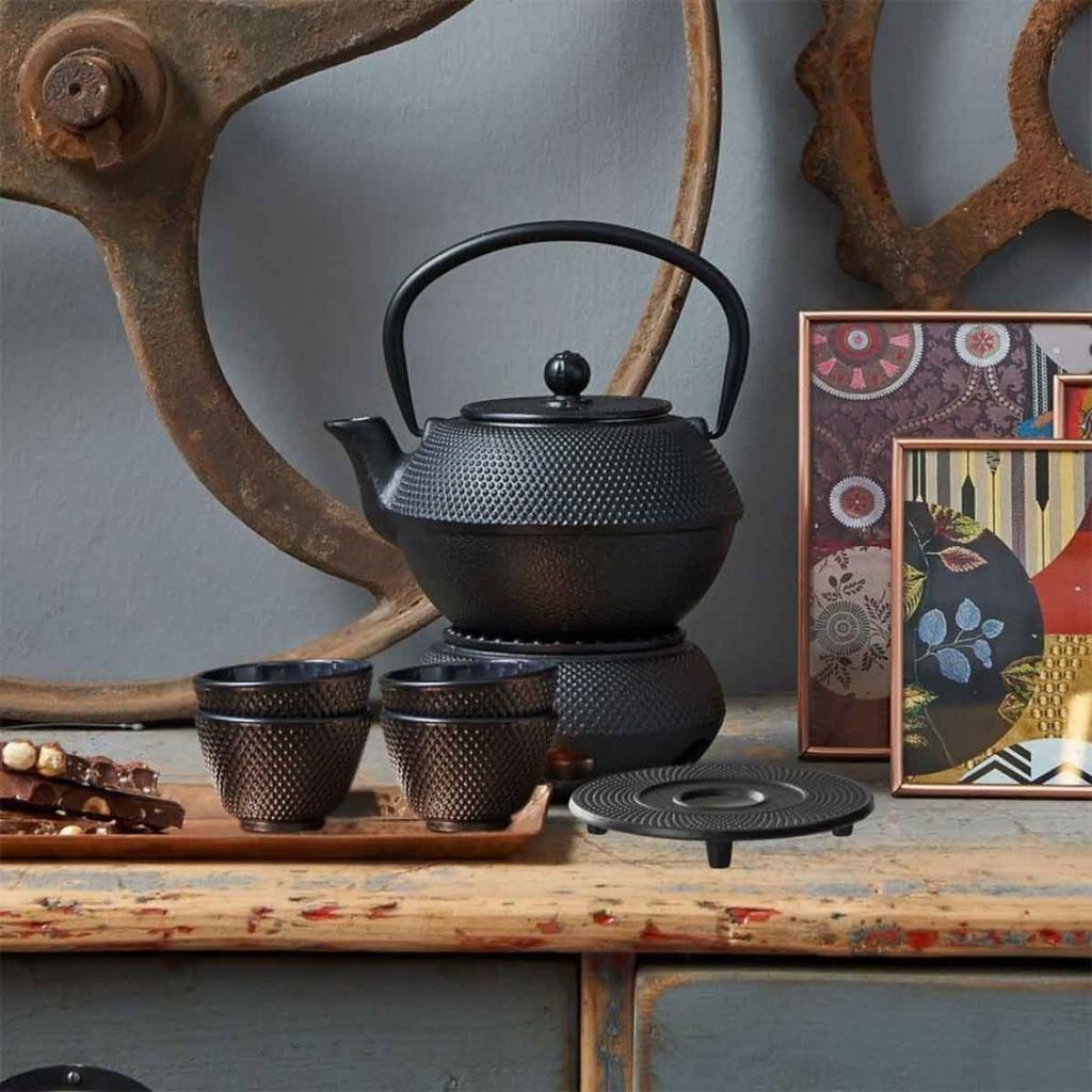 CAST IRON TEA INFUSER BLACK 900ml TEAPOT WITH WARMER AND CUPS GIFT