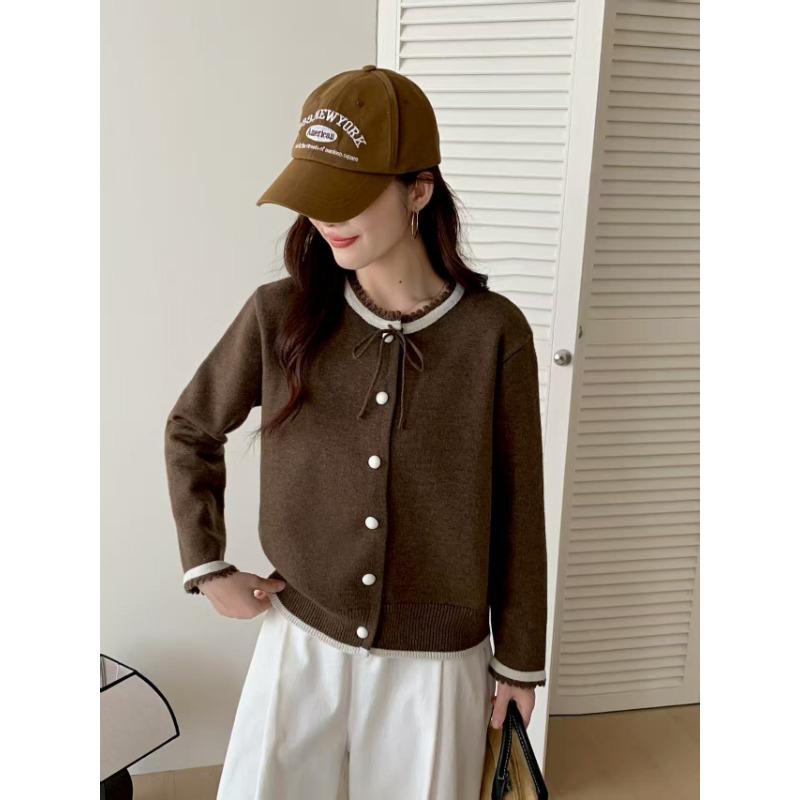 

Autumn and winter new lace neckline lace-up sweater jacket women s knitted cardigan soft waxy short top темно-коричневого