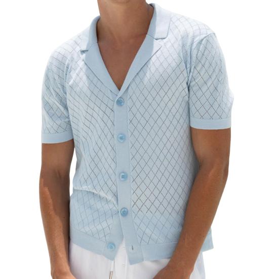 Herren-Jacquard-Strickhemd, kurzärmelig, Button-Down-Oberteil mit kubanischem Kragen, Rautengittermuster, Freizeithemd für den Alltag, Partys, Reisen