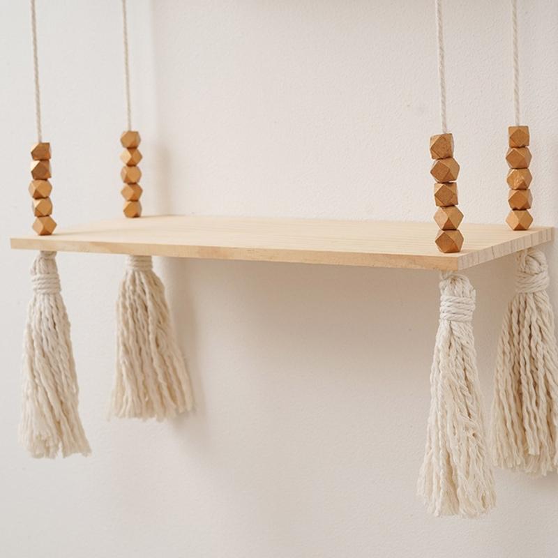Unique Decorative Floating Tassels Shelf Wood Wall Mounted Storage Rack for Living Room Stylish Bedroom Organizer