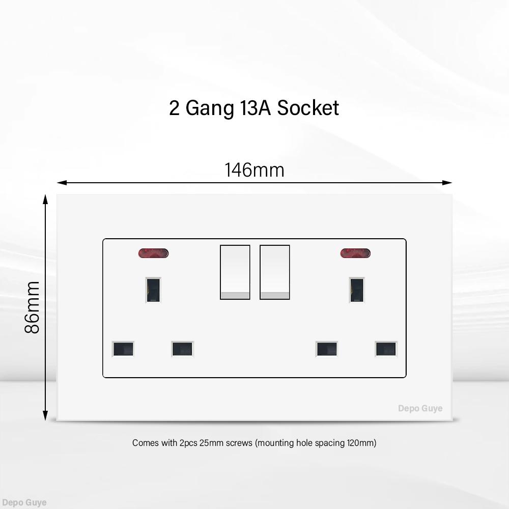 UK 13A Wall Socket with USB Type C 18W Quick Charge Power Outlet,Universal Electrical  Wall Light Switch Dual 3-pin Socket 220V
