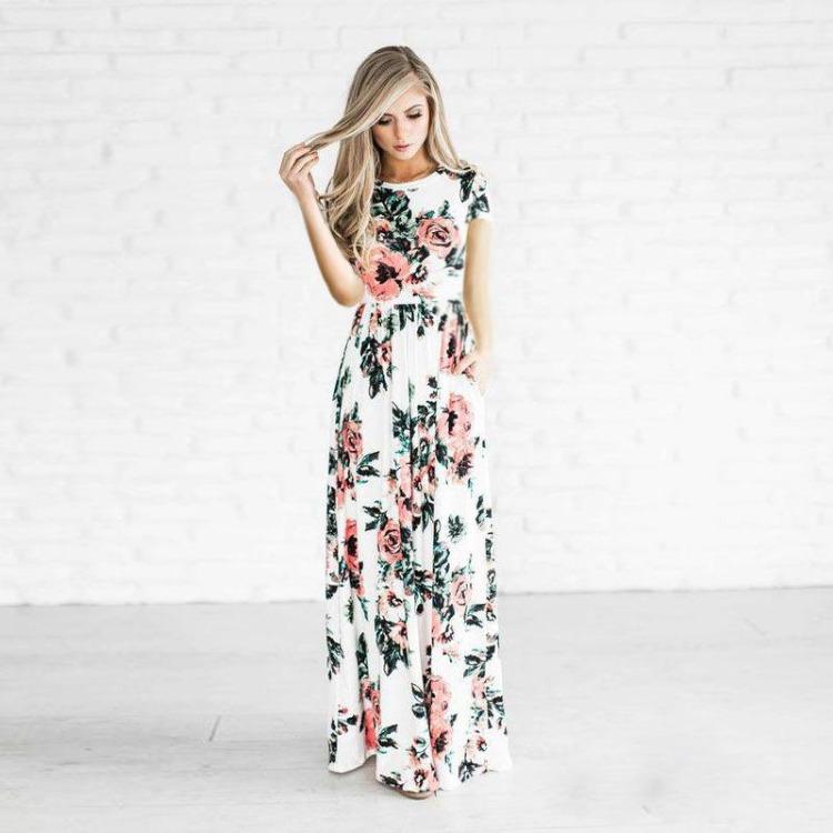 Kwiatowy Print Damska Letnia Sukienka Maxi Boho Plażowa Długa Sukienka Wieczorowa Tunika