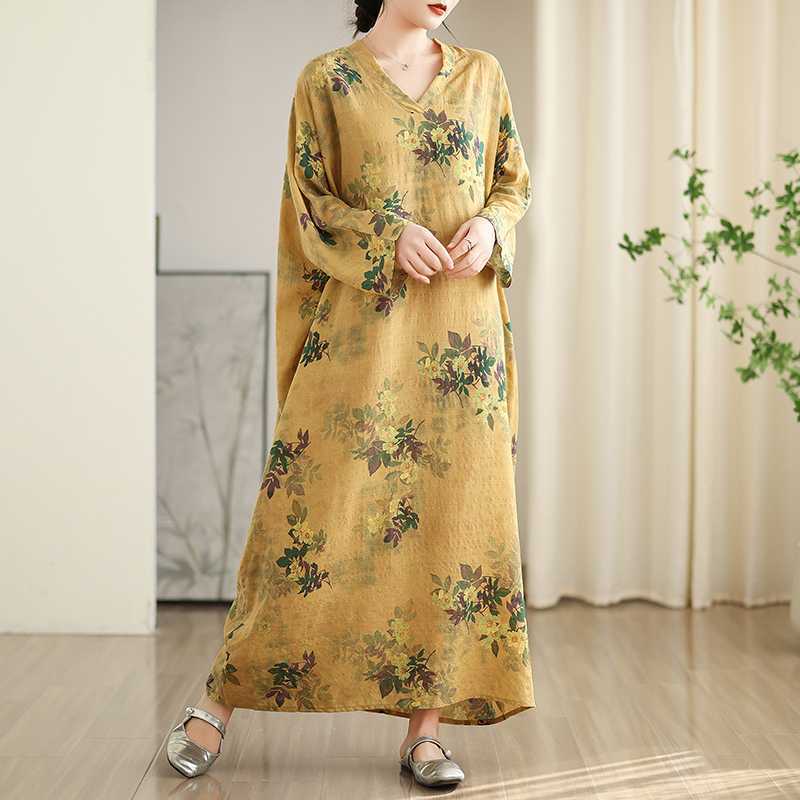 Colorful Vacation Style Travel V-neck Retro Long Skirt Cotton Linen Dress