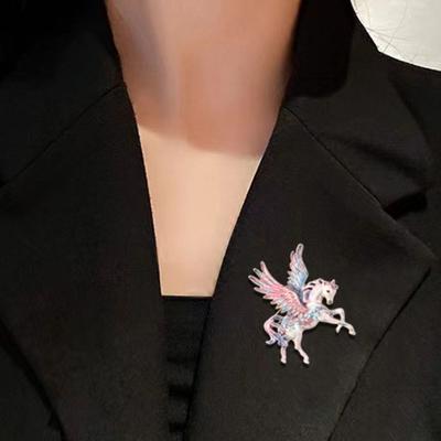 Hot Vintage Pegasus Brooch Traditional Alloy Zodiac Animal Badge Tang Dynasty Enamel Red/Blue/Pink Animal Lapel Pin Cultural Art