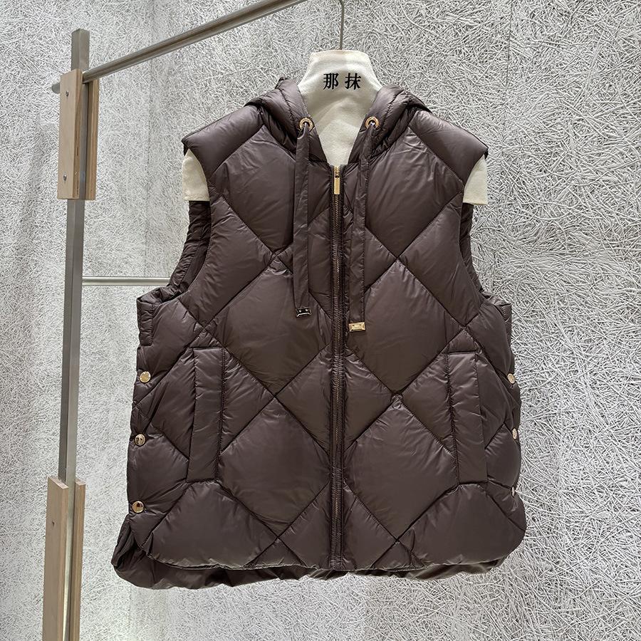 Autumn and Winter European Station Rhombus Hooded Drawstring Side Split Down Jacket Women's Winter Clothing White Duck Down Warm Vest