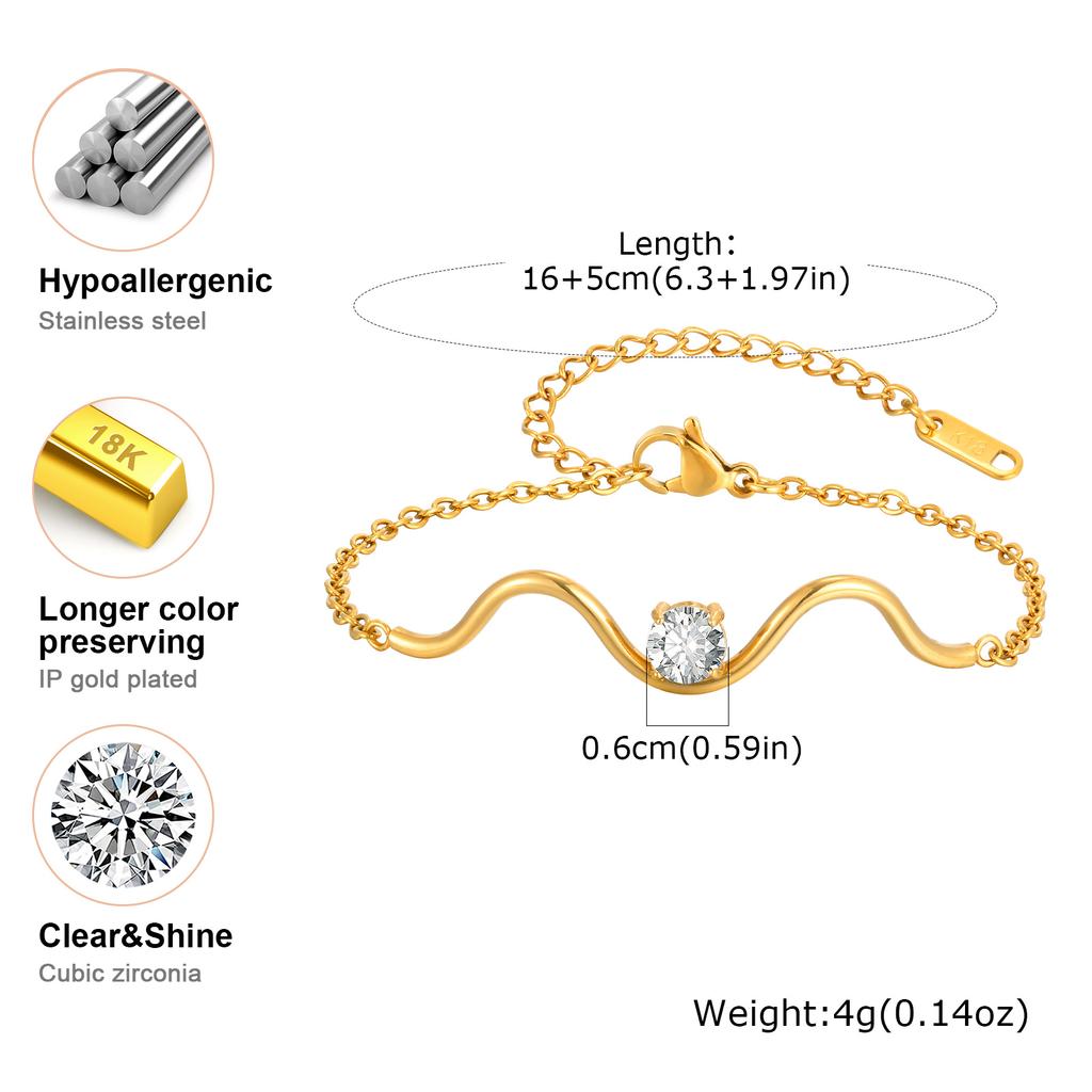 Dainty Wavy Bracelet with Round Zircon,Gold Plated Stainless Steel Flat Rolo Chain Bracelets for Women,Charm Jewelry Gift