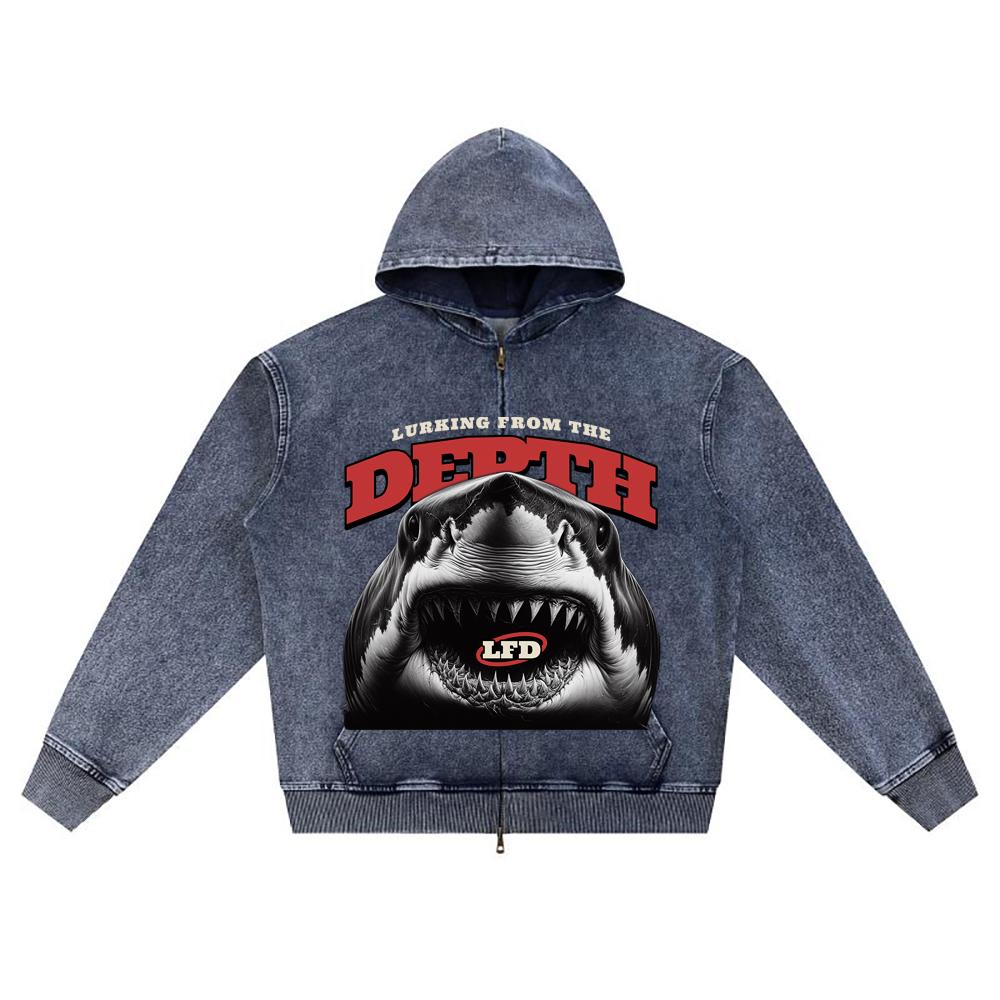 DTG Print Knitted Denim Zip-Up Hoodie Shark Graphic Brother Print Zipper Hoodies  
