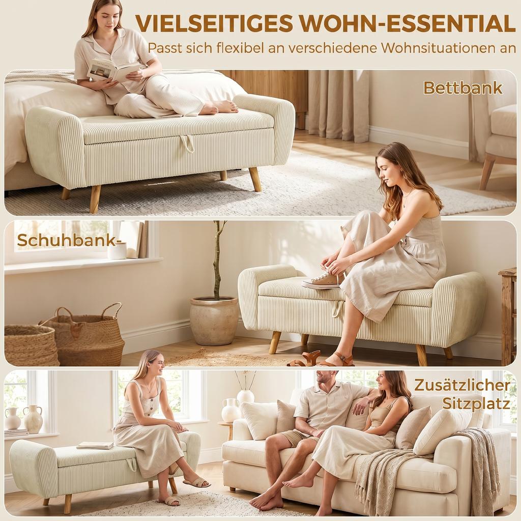 Storage Bench, Upholstered Bench with Corduroy Look, Wooden Legs and Rolled Armrests, Beige
