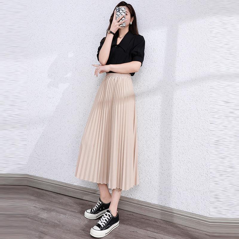 Spring Autumn Preppy Style Elegant Fashion Pleated Skirt Women Elastic Waist Solid Temperament All-match Skirts