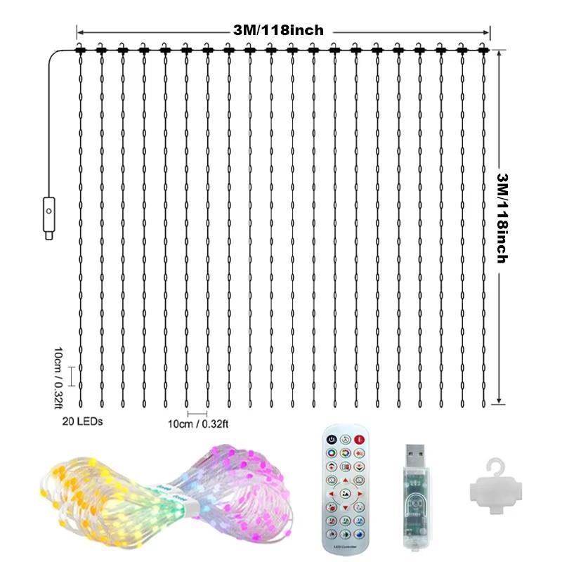 

MIMIRGB 800 светодиодных RGB умных гирлянд-штор с управлением через музыкальное приложение и пульт ДУ, светодиодные праздничные огни для рождественского и хэллоуинского декора 1PCS 1X1M 400LEDs