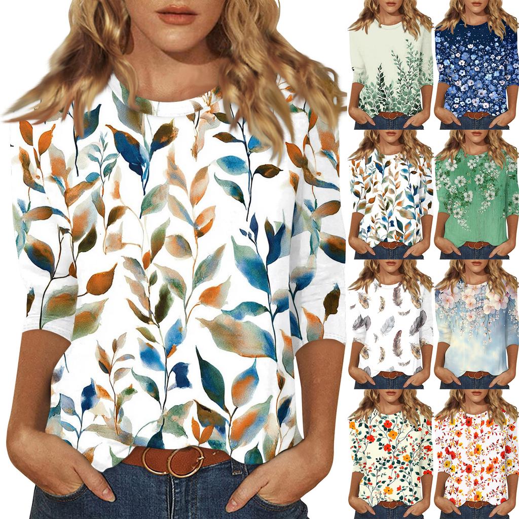 Women's Fashionable Casual Three Quarter Sleeve Printed Round Neck Top