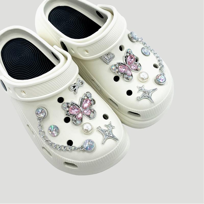 12Pcs Butterfly Shoe Charms Diy Chains Accessories Silvery Heart Star Shoes Buckles Decorations Removable Bling Shoe Clips