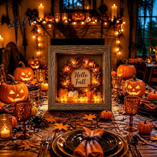 Small Halloween Figures Lighted Frame Ornaments, Light Up Shadow Box, Warm Festive Party Supplies Atmosphere LED Lights for Home Living Room
