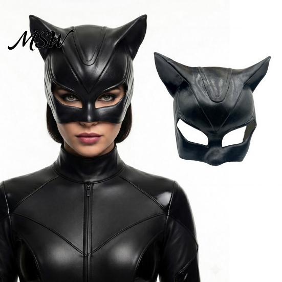 Glossy Leather Cosplay Mask Halloween Catw Woman Mask, Black Cat Eye Costume Soft Latex Breathable Face Accessory for Masquerade Superhero Party