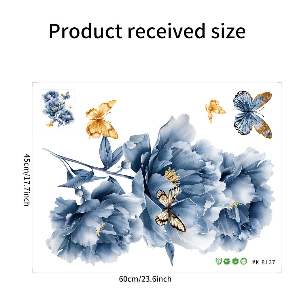 Kreative Blaue Blume Schmetterling Wandaufkleber Selbstklebend Abnehmbar Heimdekor für Wohnzimmer Schlafzimmer Eingang