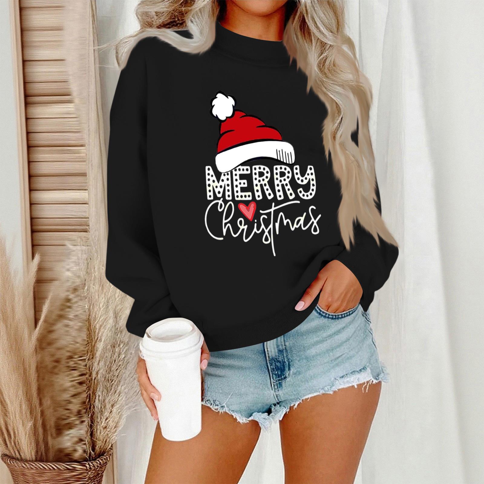

Женский повседневный модный свитшот с круглым вырезом и длинными рукавами с рождественским принтом XL чёрный