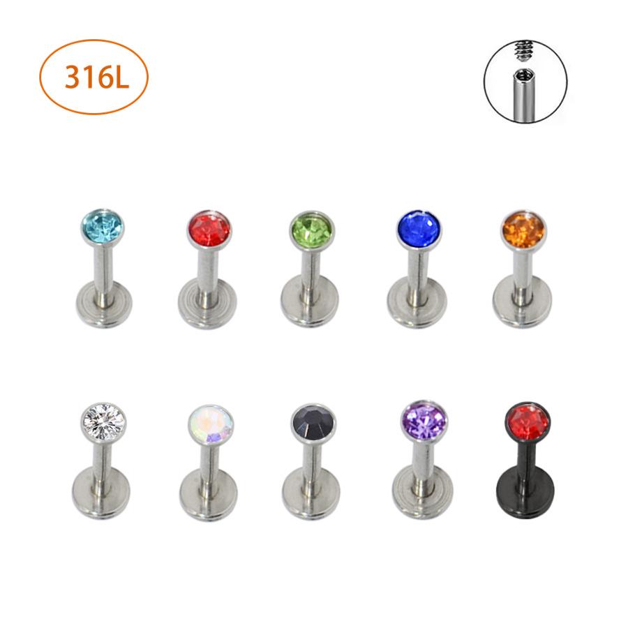 Multicolor 1.2*8mm Stainless Steel 16G Rhinestone Lip and Cartilage Stud