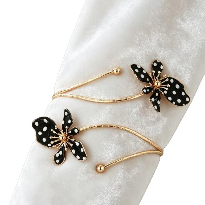 Gold Plated Cuff Bracelet Red White Polka Dot Enamel Flower Non-Irritating Jewelry for Women Daily All-Match Wear