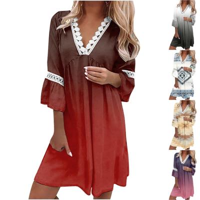 Modisches Damen-Kleid mit V-Ausschnitt, bedruckter Spitze, Patchwork, Bohemian-Stil, lässiges Resort-Kleid
