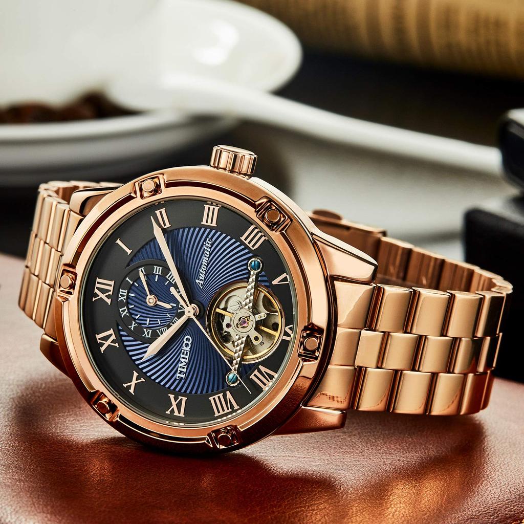 TIME100 Mechanical Watch with Stainless Steel Strap, Gold, for a Masculine, Adult, and Cute Style