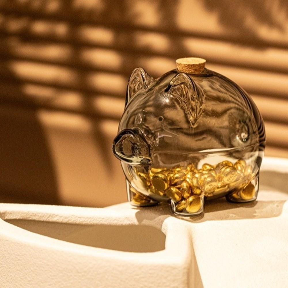 Visible Coins Saving Box Transparent Glass Money Jar Golden Beans Container  Desktop Use