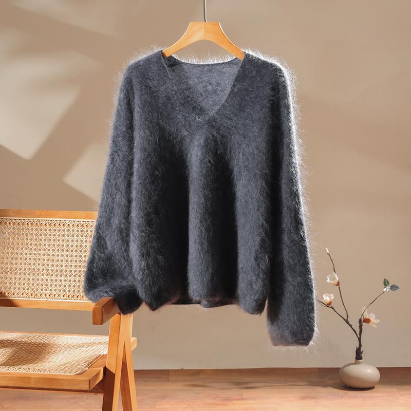 Women's Soft Brushed Cashmere V-Neck Sweater - Loose, Fluffy, Lazy Style Base Layer