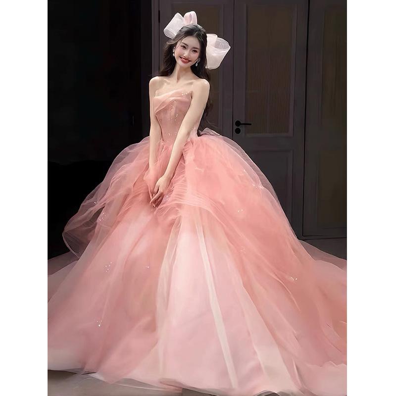 Pink Tube Top Evening Dress for Women, High-end Engagement, Super Fairy Light Luxury Birthday Banquet, Adult Ceremony, Tutu Skirt On the Run