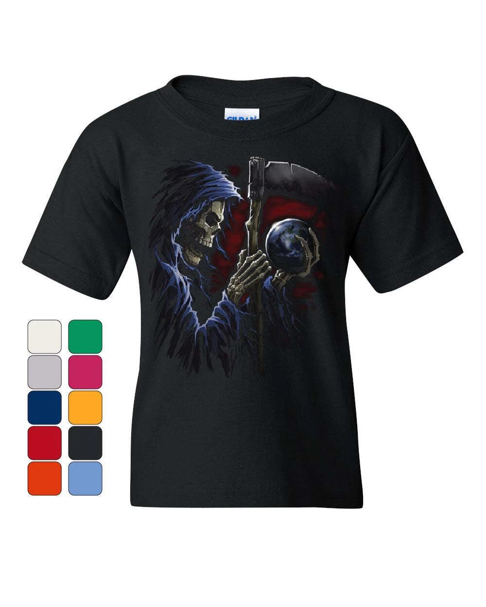 Reaper Sphere Scythe Youth kids boys T-Shirt Death Skull Creepy Scary Monster Kids Tee 100