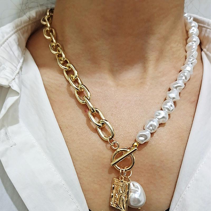 Vintage Baroque Pearl Necklace with Irregular Alloy Portrait Pendant