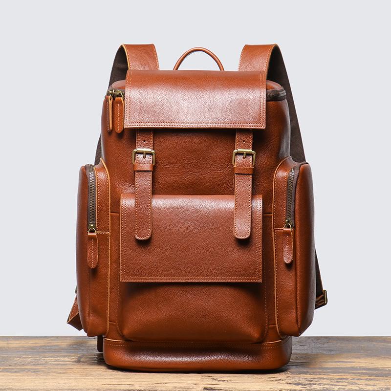 Men S Leather Travel Backpack Vegetable Tanned Leather Large Capacity Backpack Cowhide Multifunctional Computer Bag