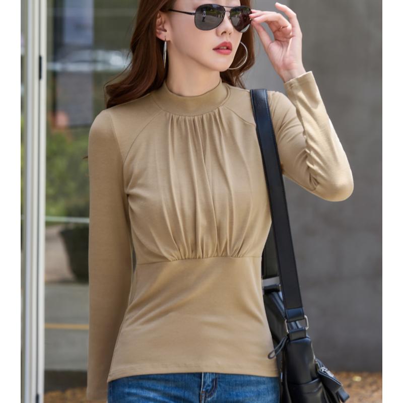 Cămașă de damă cu mâneci lungi, pe jumătate gât, mărime mare, strat interior versatil în stil de toamnă și iarnă, topuri calde